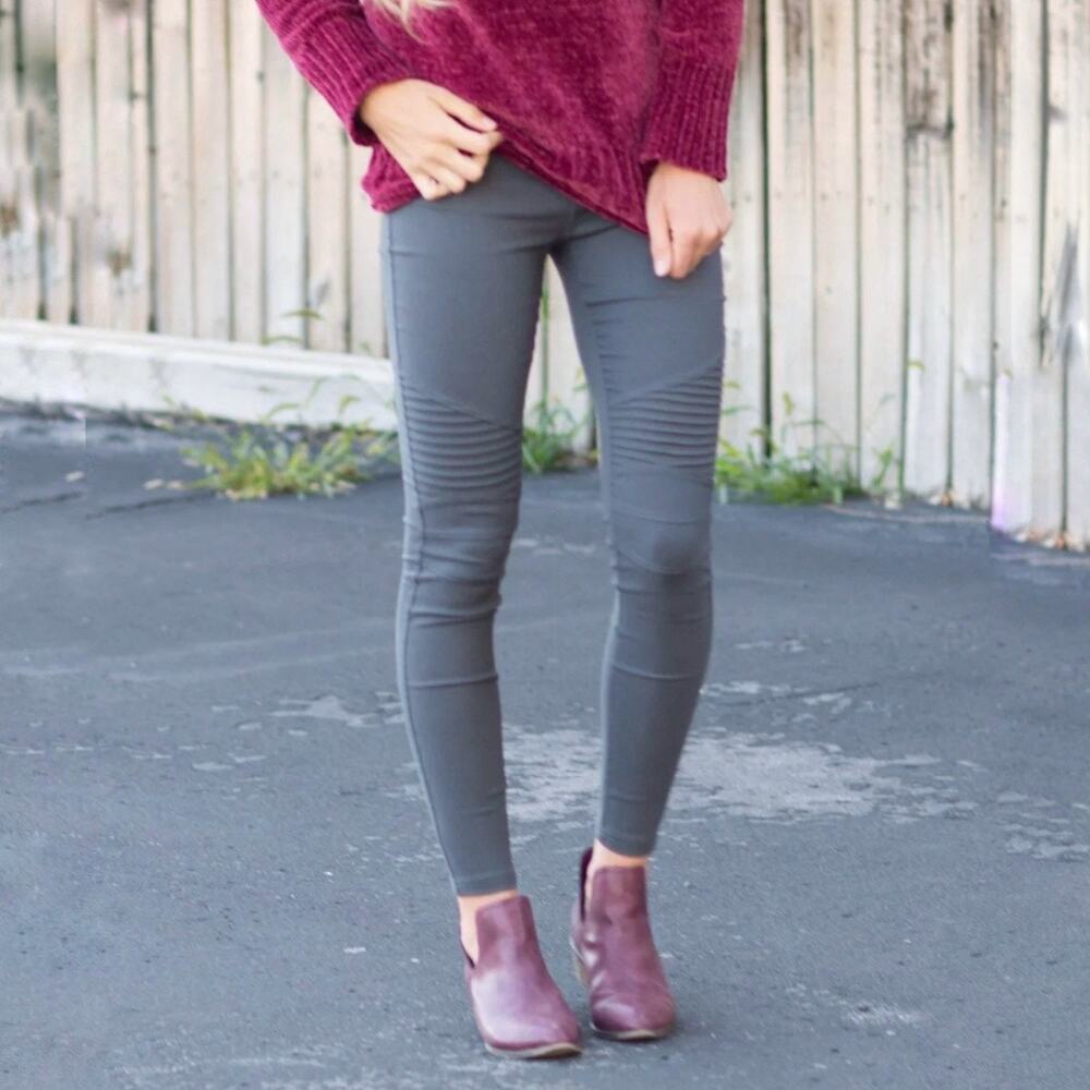 NWT Umgee Moto Jeggings‎ Size L Charcoal Gray Pockets Pull On Biker Edgy Grunge